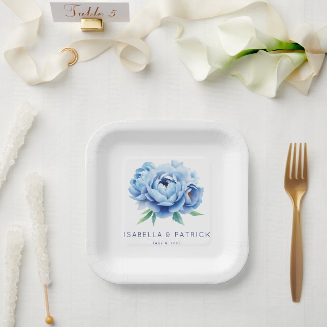 Serene Blue Watercolor Peonies Paper Plates (Wedding)
