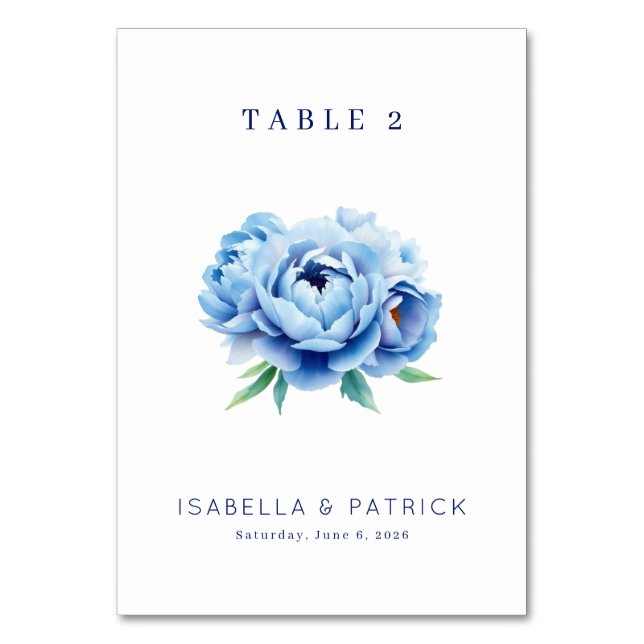 Serene Blue Watercolor Peony Table Number (Front)