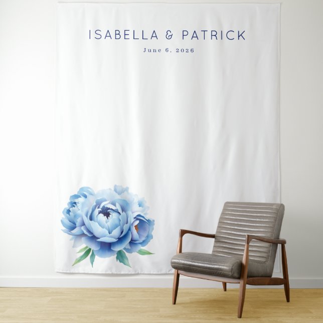 Serene Blue Watercolor Peony Tapestry (In Situ)