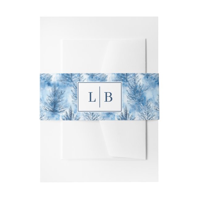 Serene Blue Watercolor Pine Trees Invitation Belly Band (Front Example)