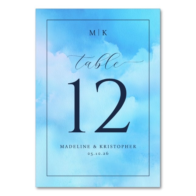 Serene Blue Watercolor Table Number (Front)