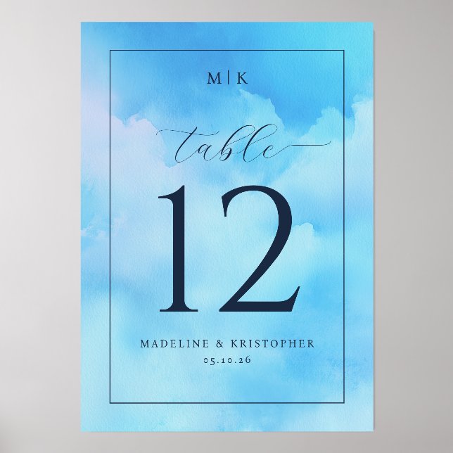 Serene Blue Watercolor Table Number Holder (Front)