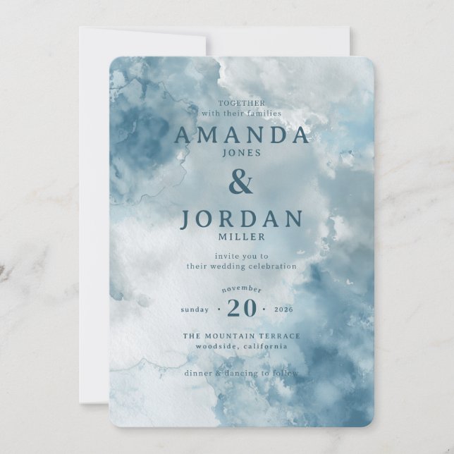 Serene Blue Watercolor Wedding Invitation (Front)