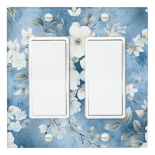Serene Blue Watercolor White Floral Dream Light Switch Cover