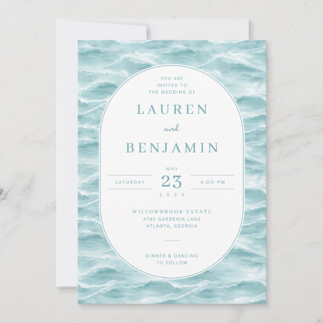 Serene Blue Wave Wedding Invitation (Front)