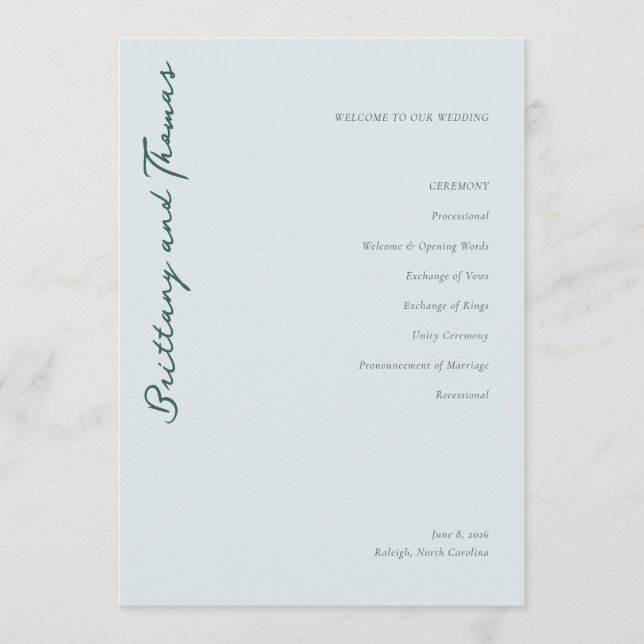 Serene Blue Wedding Ceremony Program (Front)