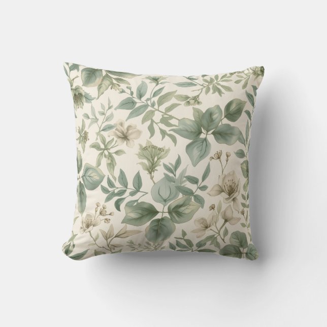 Serene Botanical Sage Green and Cream  Throw Pillow (Front)