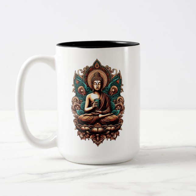 Serene Buddha Drinking Coffee Zen Art Two-Tone Mug (Left)