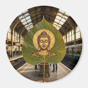 Serene Buddha Face on Bodhi Leaf Artistic Round Ma Magnet