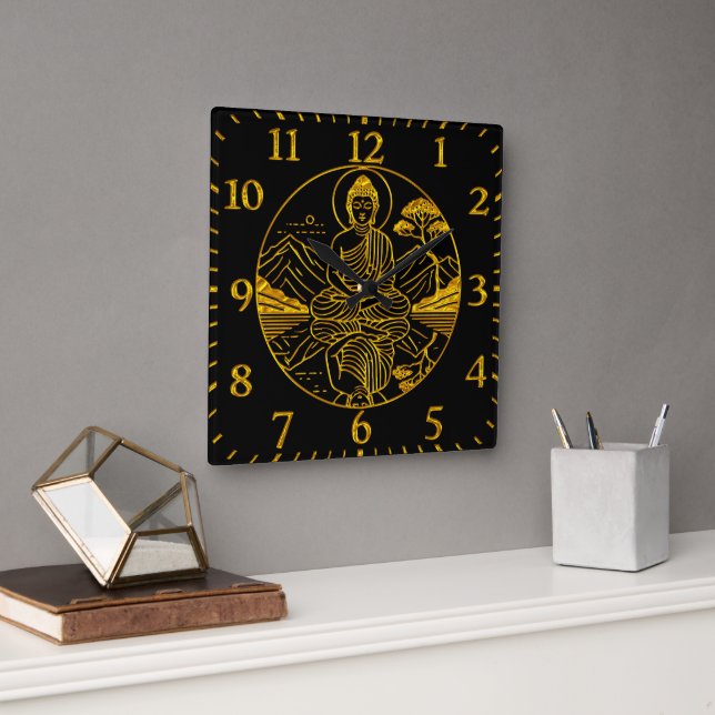 Serene Buddha Figure Reflecting on Tranquil Waters Square Wall Clock (Office)