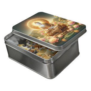 Serene Buddha surrounded by glowing lotus flowers Jigsaw Puzzle