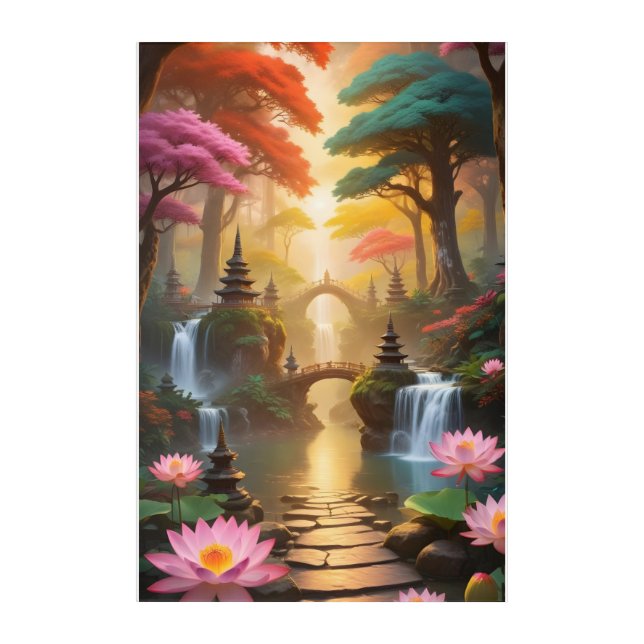 Serene Buddhist Temple Amidst Vibrant Nature Acrylic Print (Front)