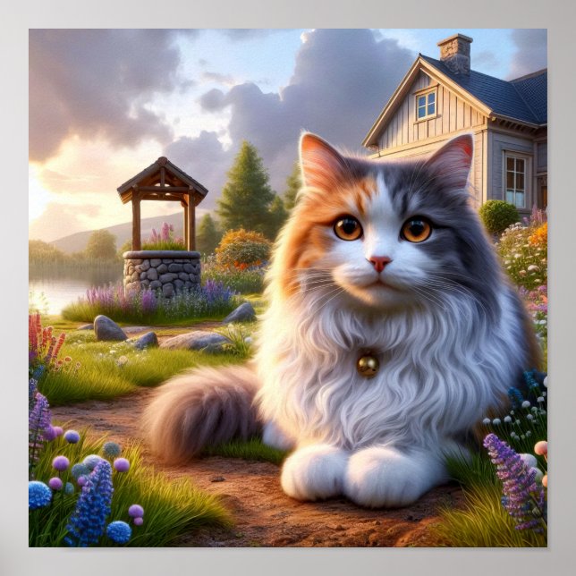 Serene Calico Cat in a Tranquil Countryside Poster (Front)