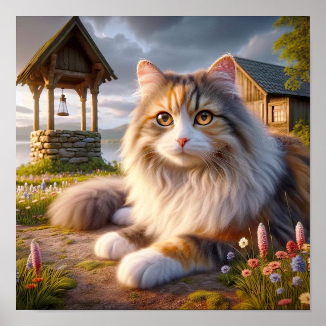 Serene Calico Cat in a Tranquil Countryside Poster (Front)