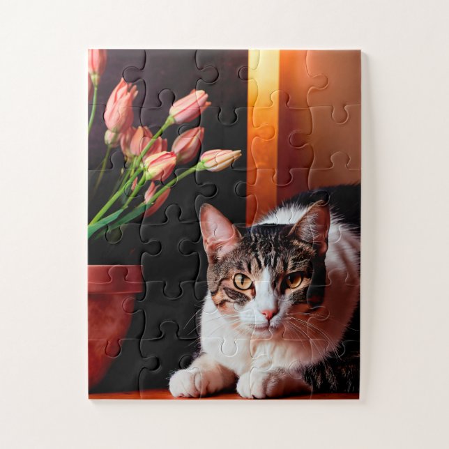 Serene Cat and Tulips Puzzle (Vertical)