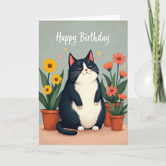 Serene Cat Birthday Floral Card (Front)