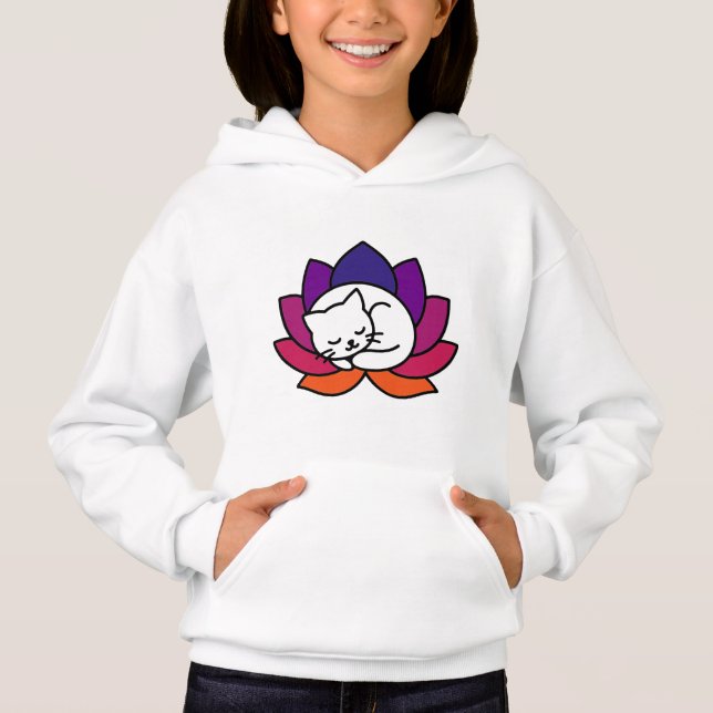 Serene Cat Lotus Illustration Hoodie (Front)