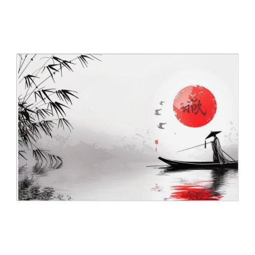 Serene Chinese Art Boat Rider on Calm Sea in Trad Acrylic Print