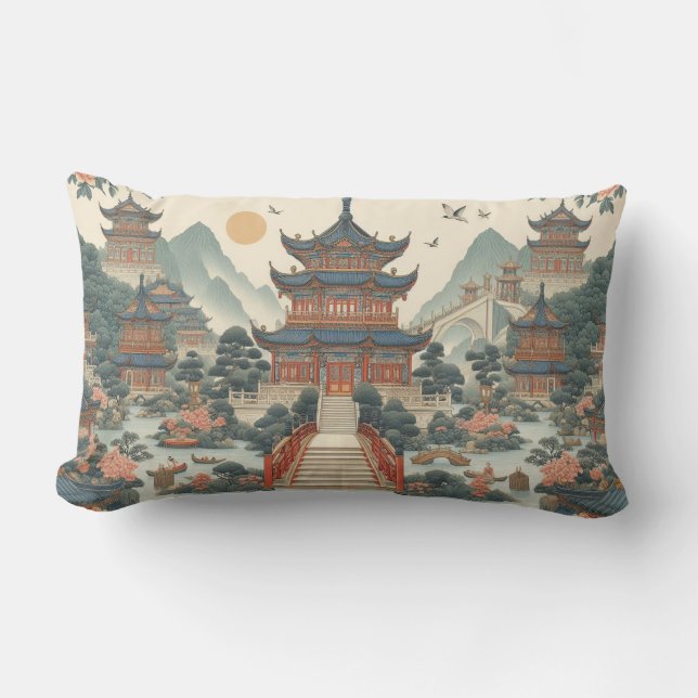 Serene Chinoiserie Pagoda Scenic Asian-Inspired Lumbar Pillow (Front)