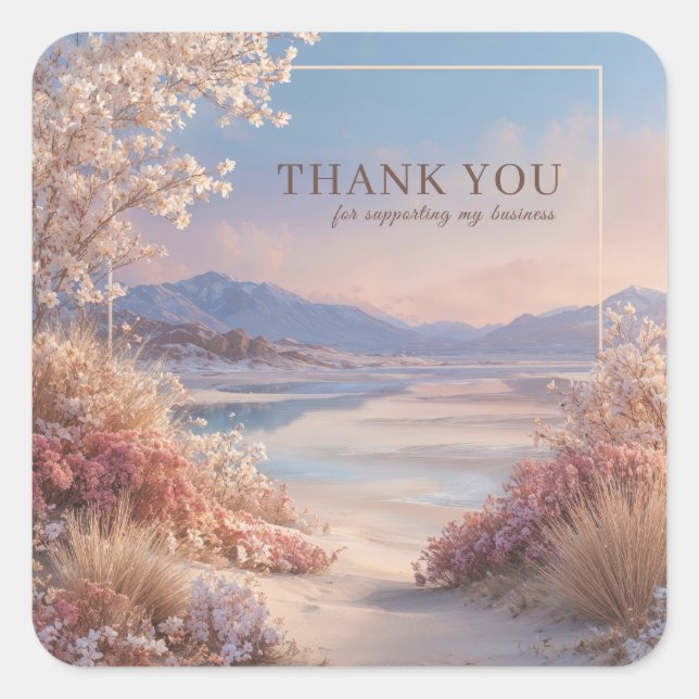Serene Coastal Blossom Pink Gold Frame Landscape Square Sticker (Front)