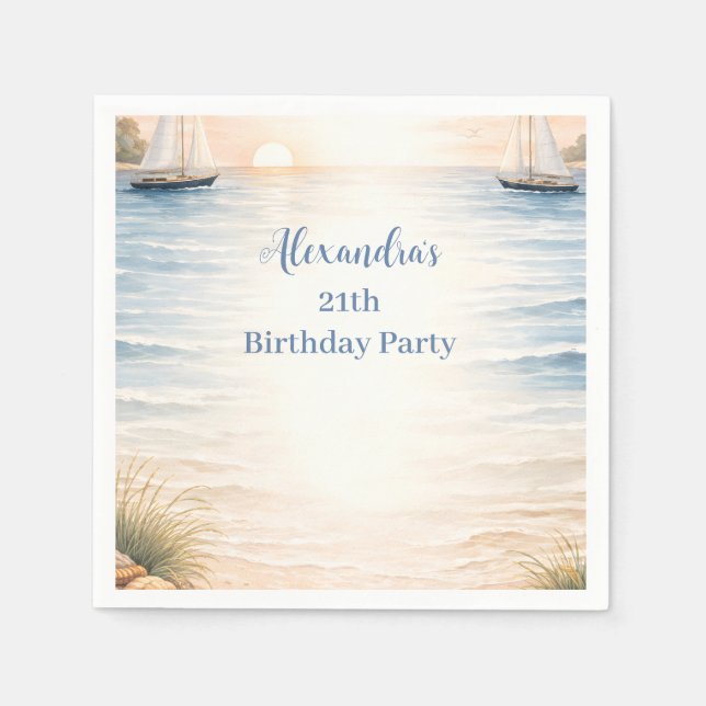 Serene Coastal Sail Birthday Napkins (Front)