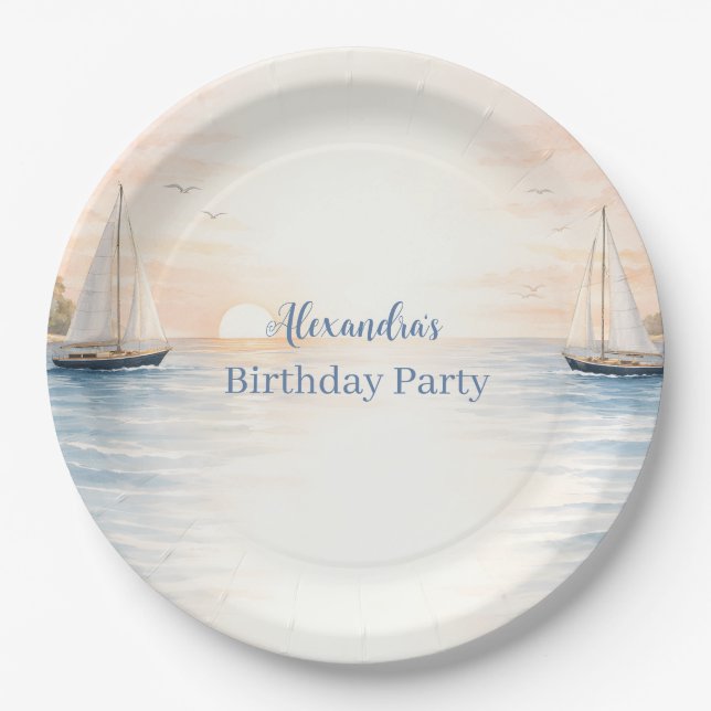 Serene Coastal Sail Birthday Paper Plates (Front)