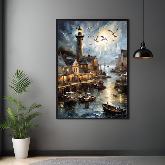 Serene Coastal Village at Dusk Nautical Harbor Art Poster (Creator Uploaded)
