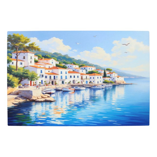 Serene Coastal Village in Oil Metal Print (Front)