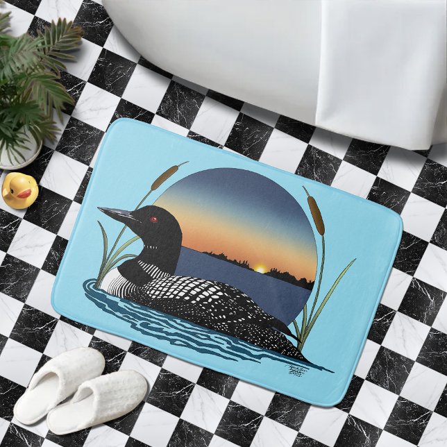 Serene Common Loon Sunset Blue Wildlife Lake Bath Mat (Creator Uploaded)