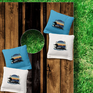 Serene Common Loon Sunset Blue Wildlife Lake Cornhole Bags