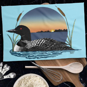 Serene Common Loon Sunset Blue Wildlife Lake Kitchen Towel