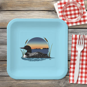 Serene Common Loon Sunset Blue Wildlife Lake Paper Plates