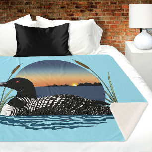 Serene Common Loon Sunset Blue Wildlife Lake Sherpa Blanket
