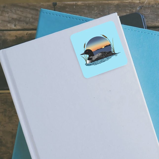 Serene Common Loon Sunset Blue Wildlife Lake Square Sticker (Creator Uploaded)