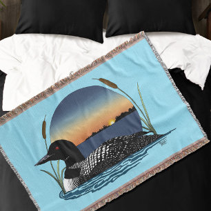 Serene Common Loon Sunset Blue Wildlife Lake Throw Blanket
