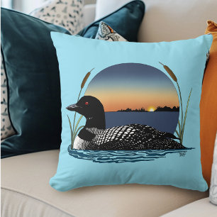 Serene Common Loon Sunset Blue Wildlife Lake Throw Pillow