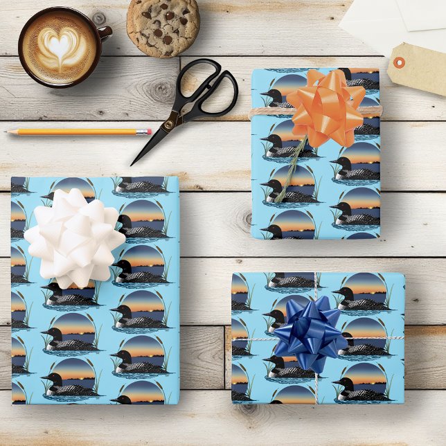 Serene Common Loon Sunset Blue Wildlife Lake Wrapping Paper Sheets (Creator Uploaded)