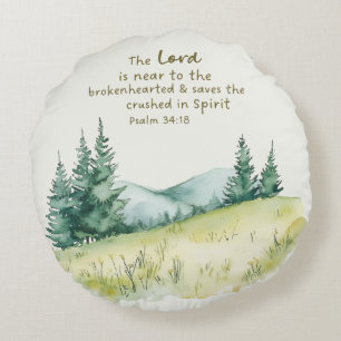 Serene Countryside Nature Scene With Bible Verse Round Pillow