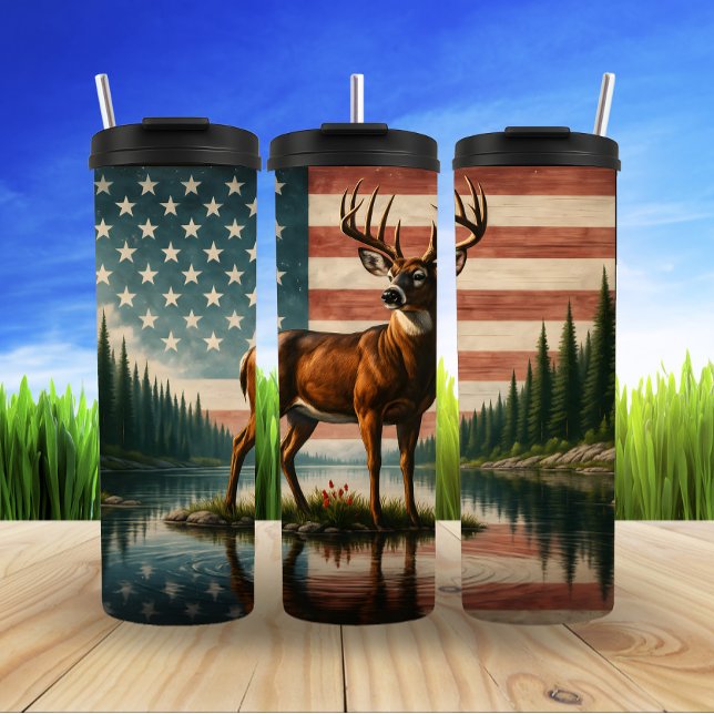 Serene Deer with Patriotic Flag Thermal Tumbler (Creator Uploaded)