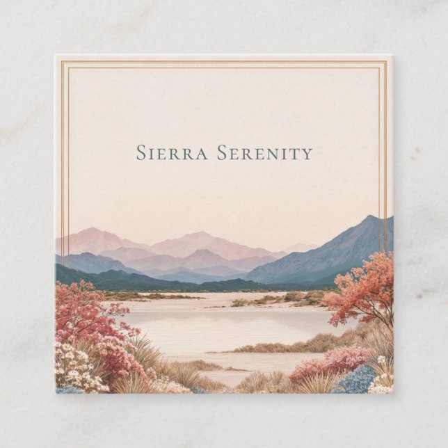 Serene Desert Bloom Landscape Gold Frame Rustic Square Business Card (Front)