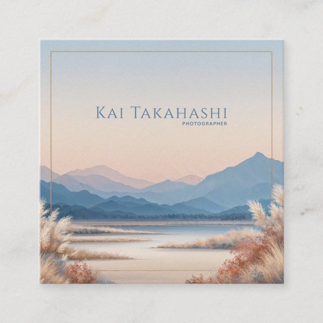 Serene Desert Pampas Grass Gold Frame Mountain Square Business Card (Front)