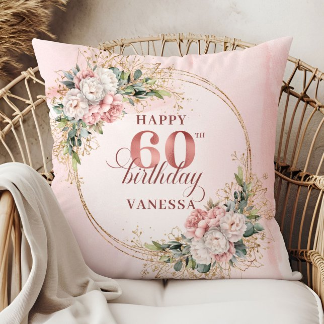 Serene Dusty Pink Eucalyptus Boho 60th birthday  Throw Pillow (Serene Dusty Pink Eucalyptus Boho 60th birthday pillow)
