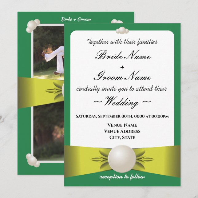 Serene Emerald & Yellow Pearl Ribbon Photo Wedding Invitation (Front/Back)