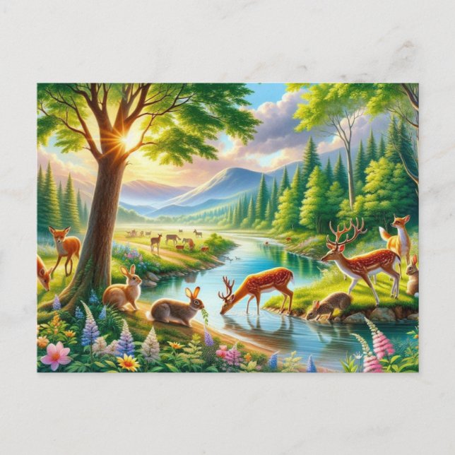 Serene Enchanted Forest with animals Painting Postcard (Front)