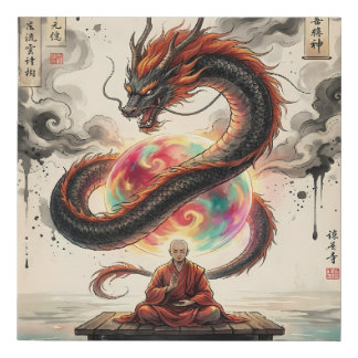 Serene Encounter: Monk and the Celestial Dragon Faux Canvas Print