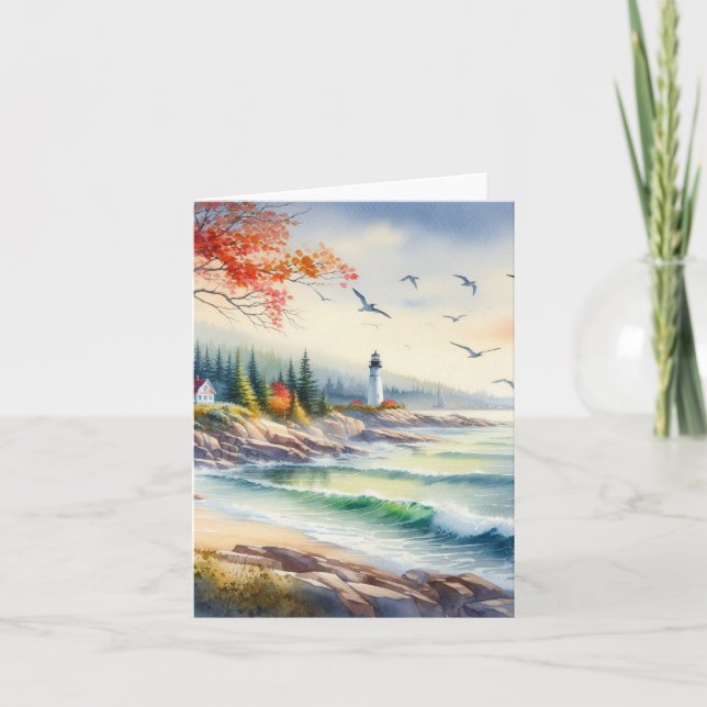 Serene Fall Watercolor Coastal Seascape Blank Note Card (Front)