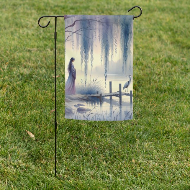 Serene Fantasy Lake with Willow and Heron Garden Flag (In SItu)