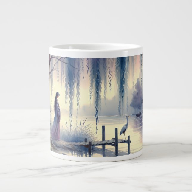 Serene Fantasy Lake with Willow and Heron Giant Coffee Mug (Front)