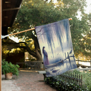 Serene Fantasy Lake with Willow and Heron House Flag