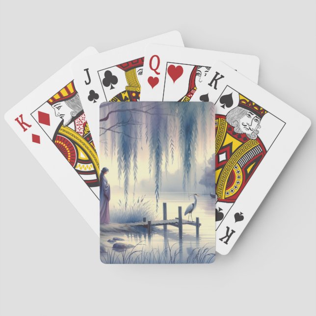 Serene Fantasy Lake with Willow and Heron Poker Cards (Back)